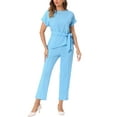 thumbnail image 2 of INSPIRE CHIC Women's 2 Piece Sets Round Neck Short Sleeve Belted Asymmetry Tops Elastic Waist Trousers Set, 2 of 6
