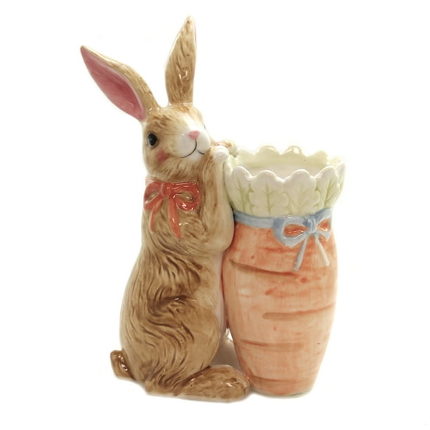 Easter RABBIT HOLDING CARROT VASE Ceramic Flowers Bunny 9735631