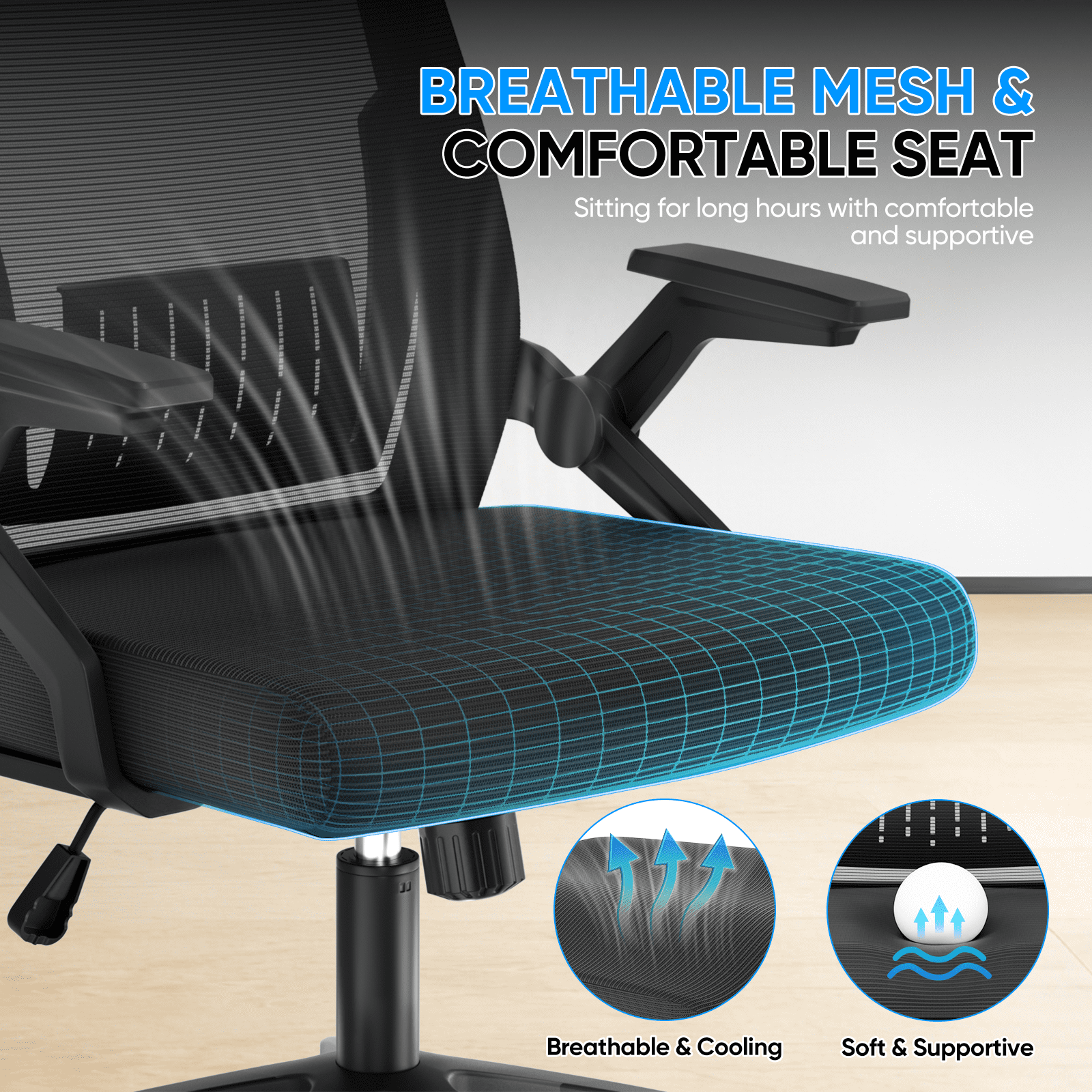 Monibloom Ergonomic Office Chair for Adults, Flip-Up Adjustable Armrest, 135° Reclining Tilt Lock, Thick Cushion Mesh Back, Home Desk Chair