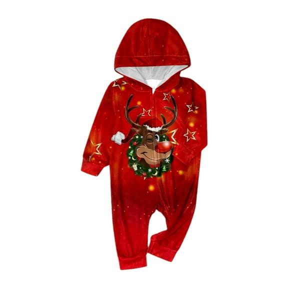 Fiaer Christmas Matching Family Onesie Pajamas Full Zip up Long Sleeve Deer Graphic One Piece Sleepwear Comfort Trendy Hooded Jumpsuit Sleepwear Loungewear Baby 9M