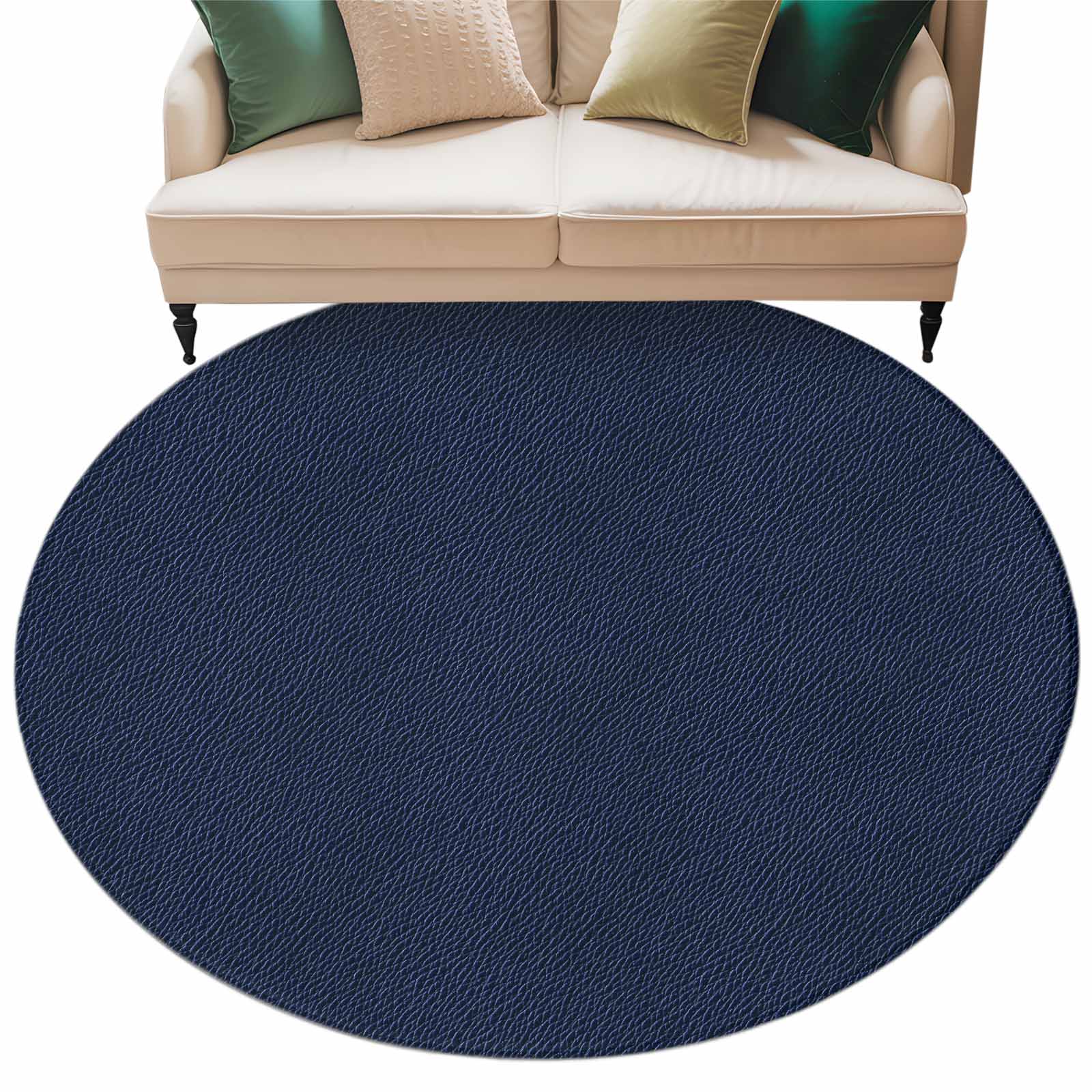 Solid Dark Blue Round Rug 5ft Washable Circle Kitchen Rugs Non Slip Minimalism Abstract Denim Texture Large Area Rug Indoor Floor Carpet for Bedroom Living Room Home Office Dining Room Nursery