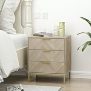 Eumyviv Rustic Metal & Wood 3 Drawer Nightstand, Herringbone Pattern Side Table, Oak Finish