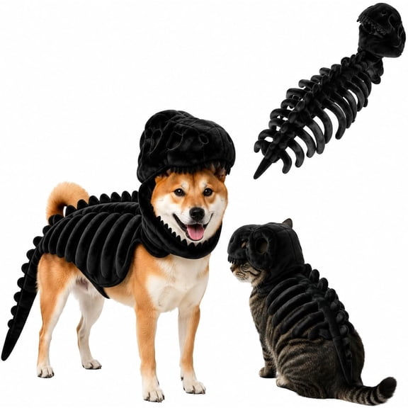Dinosaur Skeleton Glow in Dark Dog and Cat Costume,Pet Dinosaur Costume,Plush Halloween Pet Hood Outfit (Black, Medium(31.5Inch))