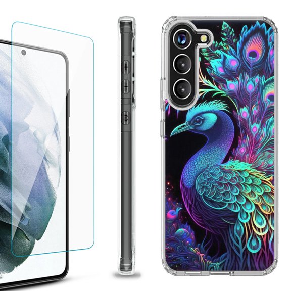 OneToughShield ® for Samsung Galaxy S23  S23 Plus 5G Shockproof Bumper Phone Case, with Tempered Glass Screen Protector - Neon Peacock