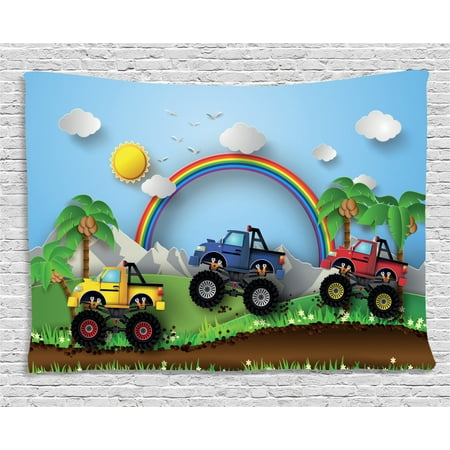 Monster Truck Tapestry Graphic Colorful Monster Trucks Racing On Skid Trail In Exotic Environment Wall Hanging For Bedroom Living Room Dorm Decor