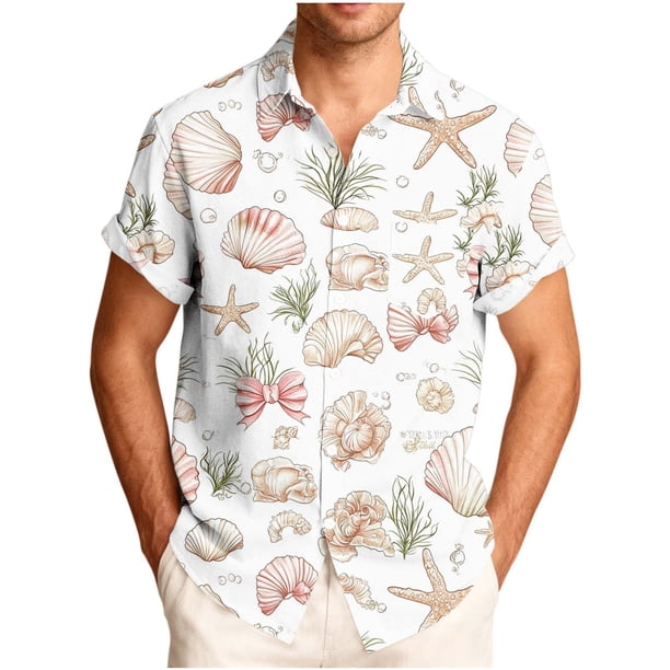 Mens Casual Manga Corta Botón Abajo Camisas Turndown Cuello Blusa de Impresión, Poliéster Suave Superior de Verano