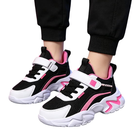 HTHLVMD Kids Pink Sneakers, Girls Athletic Shoes, Hook and Loop Sneakers, Kids Girls All Pink Colorblock Sneakers Casual Hook and Loop Athletic Shoes for Daily School Play, Black 12C
