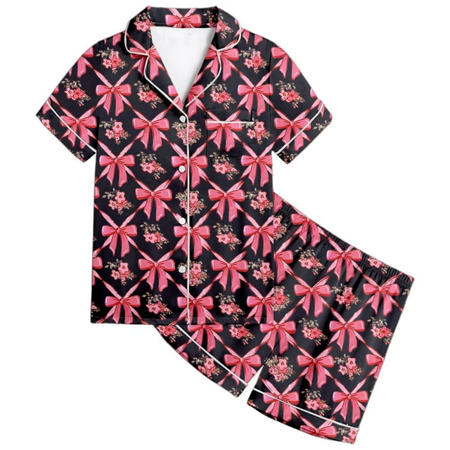 Satin Pajama Set for Girls Comfortable Button Down Two Piece Sleepwear with Classic Collar Design and Soft Shorts