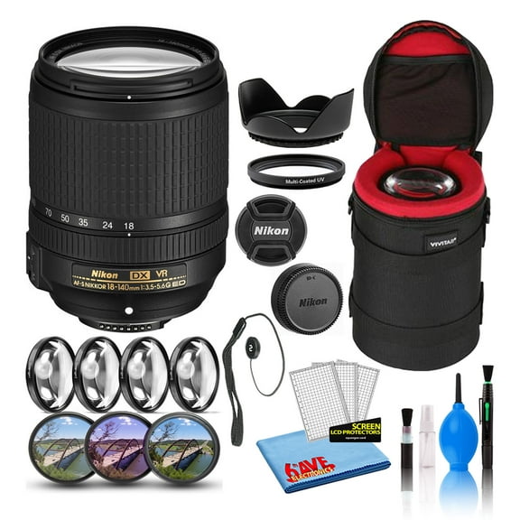 Nikon AF-S DX NIKKOR 18-140mm F/3.5-5.6G ED VR Lens (2213) Intl with Padded Lens Case   Macro Filter Kit   UV, CPL, FL Lens Filters   Tulip Hood   Lens Cap Keeper   Cleaning Kit