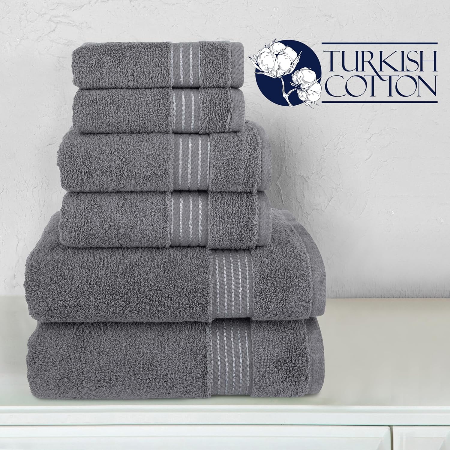Elegant Comfort Cotton 6-Piece Towel Set, Includes 2 Washcloths, 2 Hand Towels and 2 Bath Towels, 100% Turkish Cotton - Highly Absorbent and Super Soft Towels for Bathroom, Grey