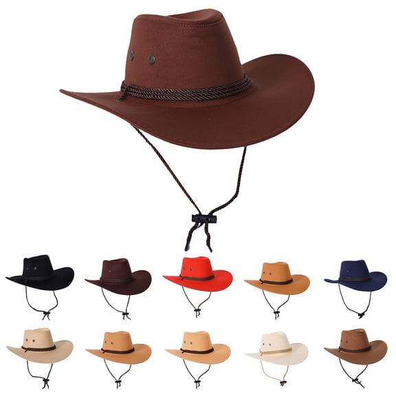 Helii Men's Western Cowboy Hat: Classic Wide Brim Fedora Sun Hat with Leather Band Metal Concho & Chin Strap for Outdoor Riding Black,57