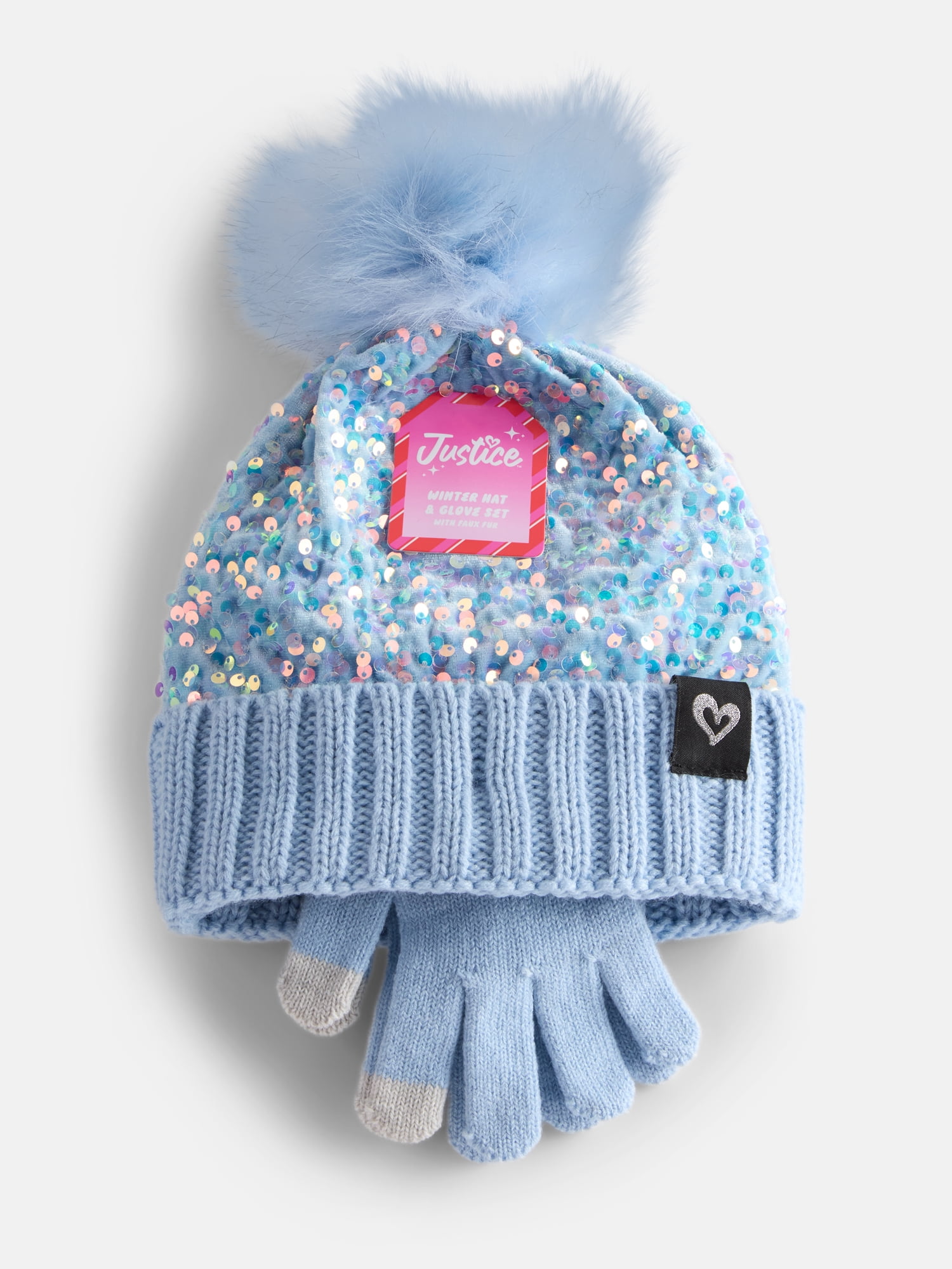 Justice Girls Velvet Sequin Hat and Glove Set, Blue