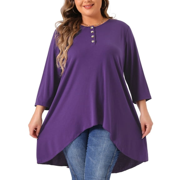 Agnes Orinda Plus Size Top for Women 3/4 Sleeve Buttons Crew Neck High Low Loose Fit Casual Tunic Tops Tee Shirts 3X Purple