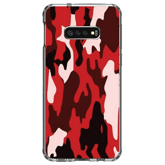 DistinctInk Clear Shockproof Hybrid Case for Samsung Galaxy S10e (5.8" Screen) - TPU Bumper, Acrylic Back, Tempered Glass Screen Protector - Red Black Camouflage - Camouflage Pattern