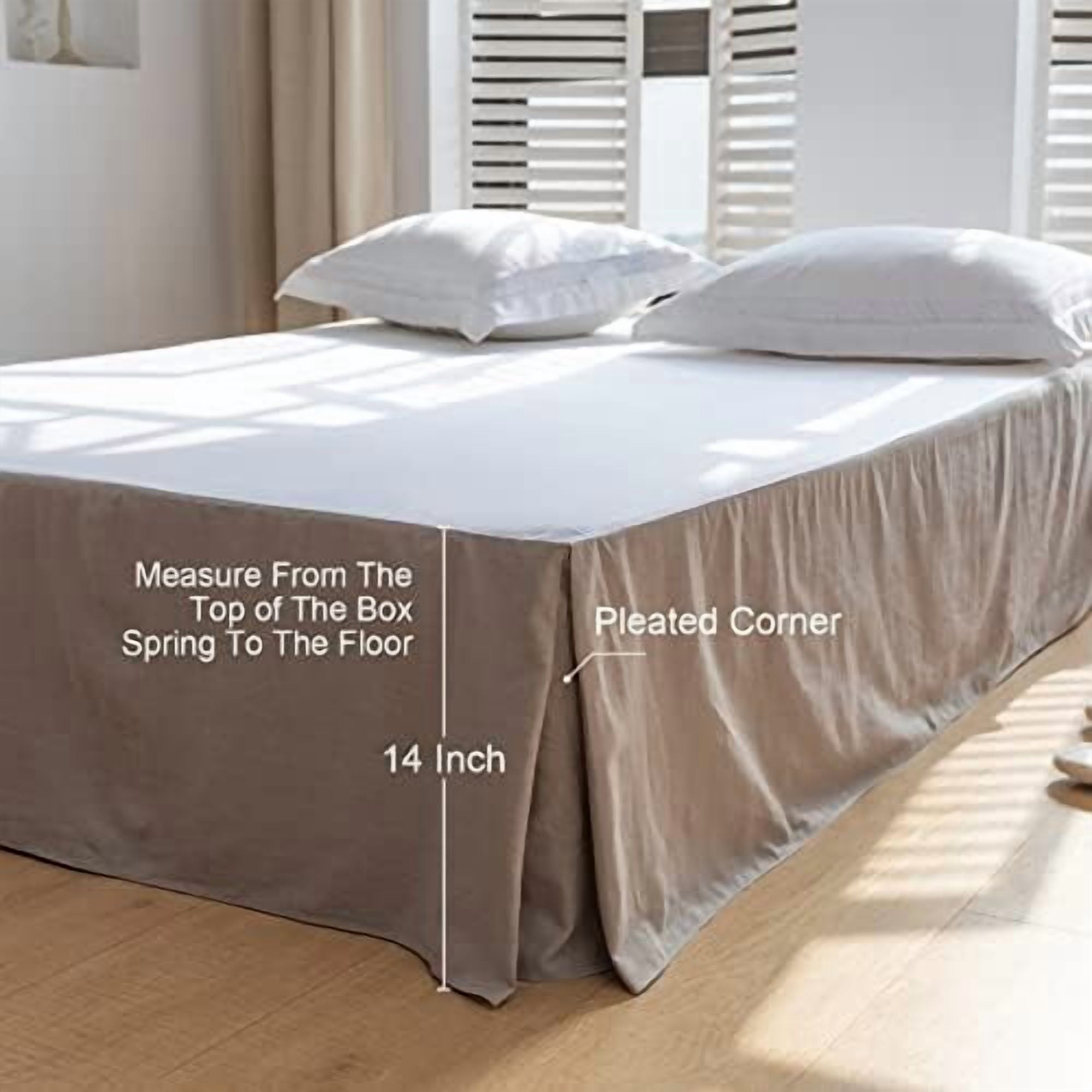 French Linen Bed Skirt with Pleated Corner 14-Inch Tailored Drop Natural Flax Cotton Blend Basic Dust Ruffle Soft Cozy Farmhouse Bedding (14" King, Basic Grey)