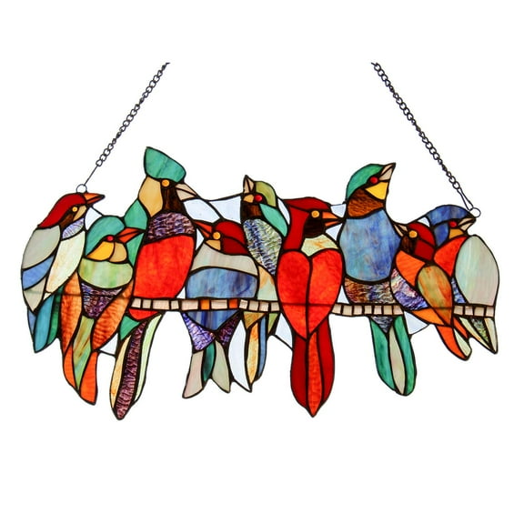 Vinplus Stained Glass Window Hangings,9 Birds on a Wire Suncatchers,Handmade Tiffany Glass Window Panel,Gift Idea for Birthday,Easter,Christmas or Any Occasions