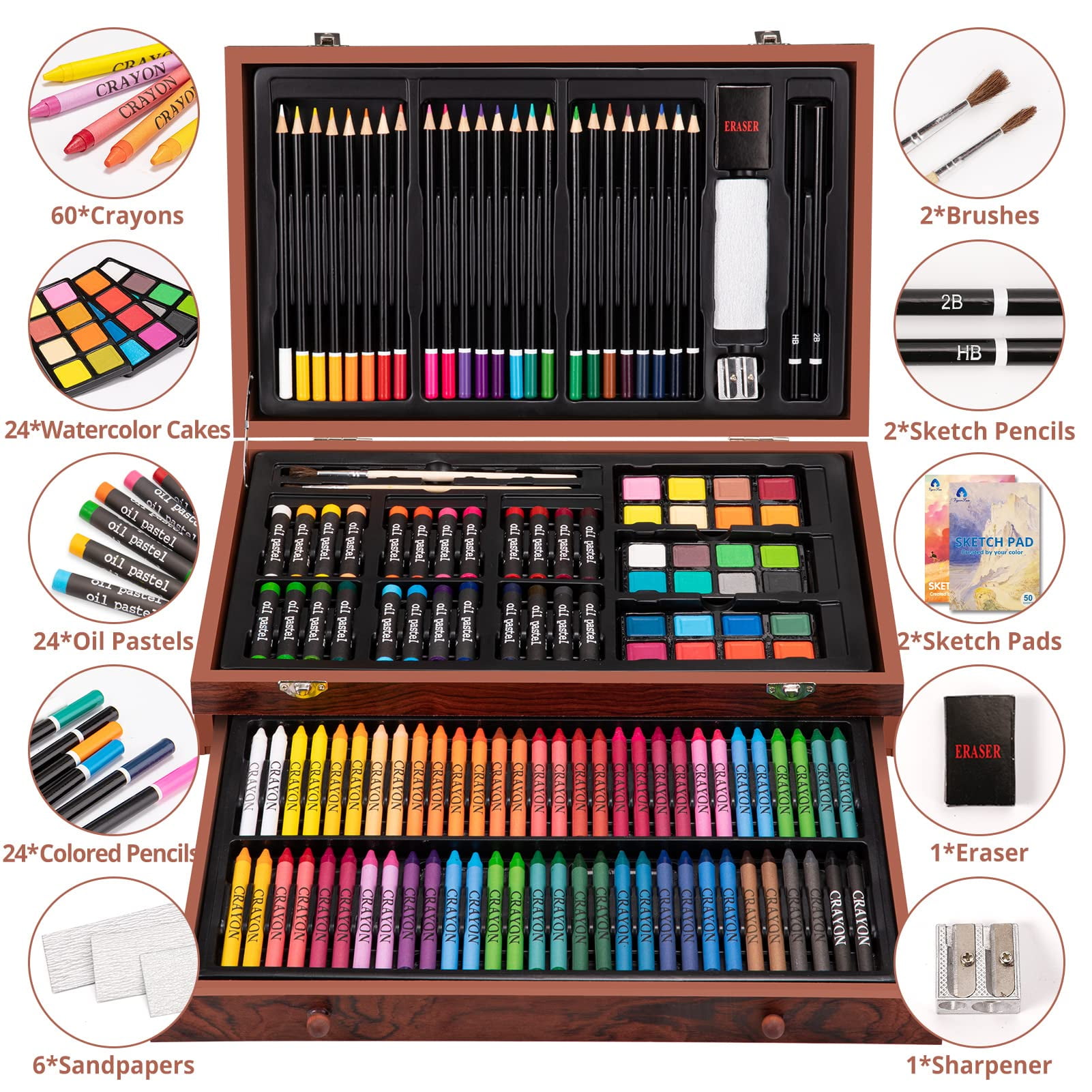 Art Supplies, Wooden Art Set Crafts Kit with Foldable Easel, Deluxe Art  Set, Oil Pastels, Colored Pencils, Watercolor Cakes, Creative Gift for  Teens