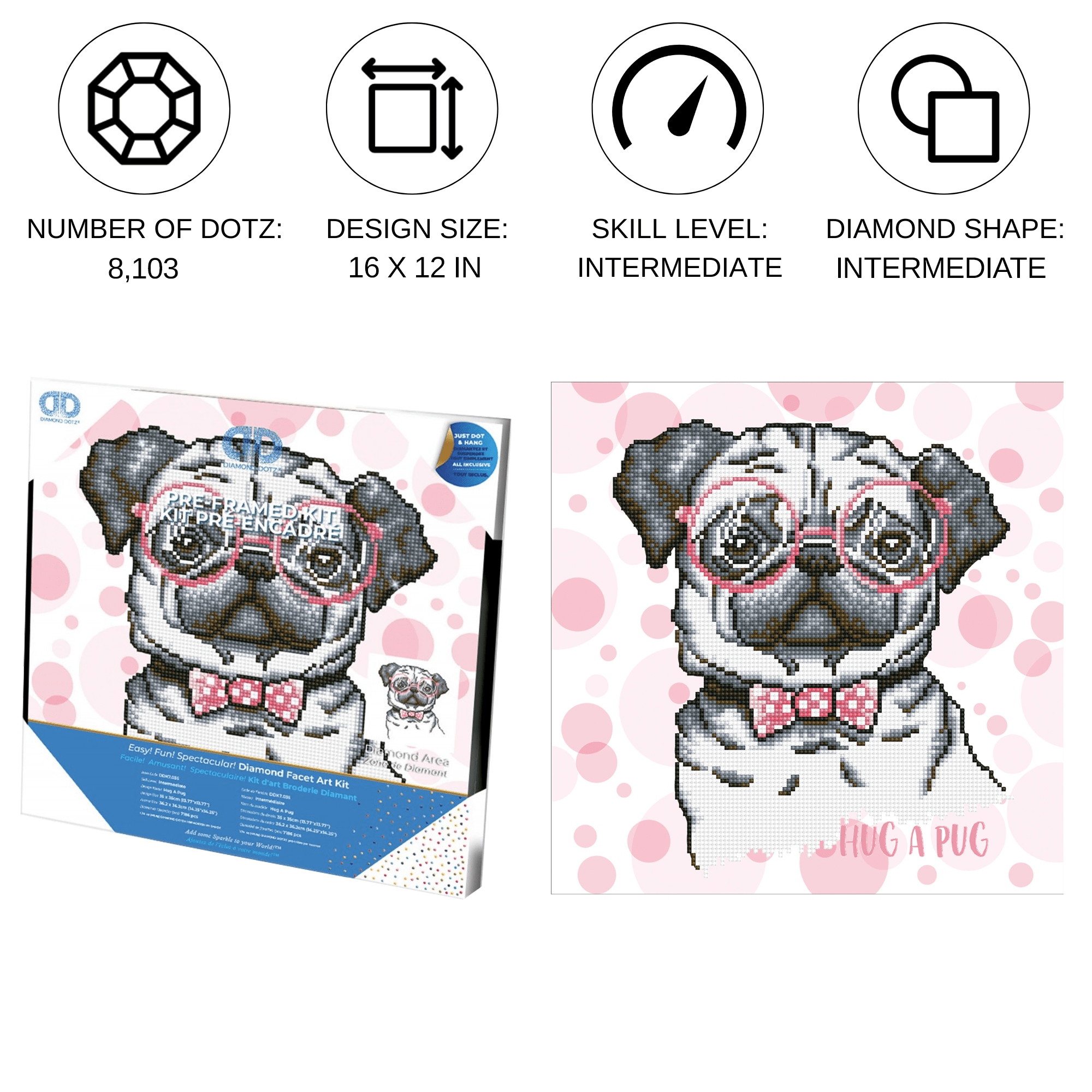 Diamond Dotz Hug A Pug with Frame Dog Diamond Painting Kits for Adults - Diamond Art Kits a Relaxing Creative Craft Kit with Dotz Gems 13.7"x13.7"