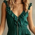 thumbnail image 3 of Morttic Women's Fashion Solid Color Ruffle Strap Wide Leg Jumpsuit – V-Neck Front Zipper Side Pockets Summer Beach One Piece Peacock Green，XL, 3 of 6