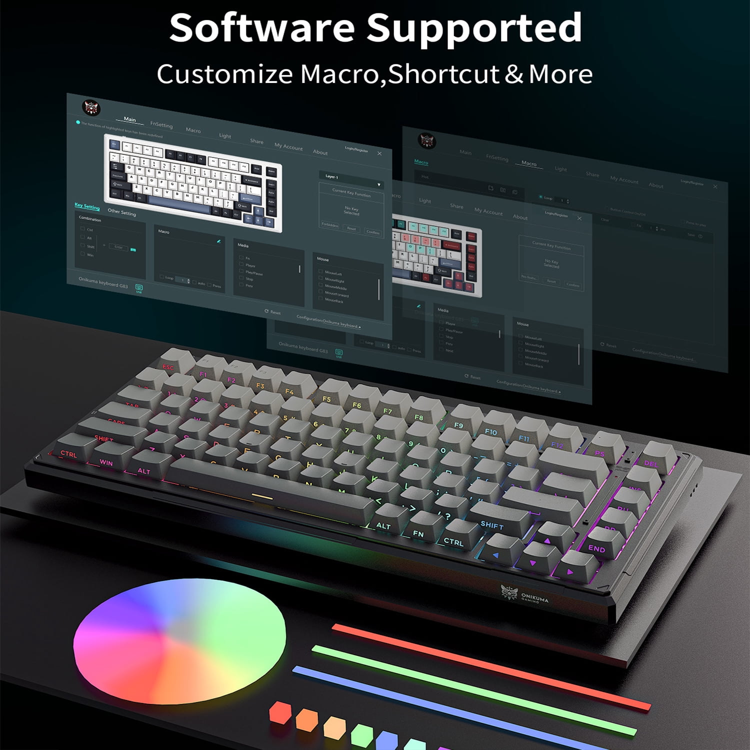 ONIKUMA G83 Backlit Keys 75% Layout Tri-Mode Bluetooth 5.0/2.4GHz/USB-C Gaming Keyboard with User Manual, Black