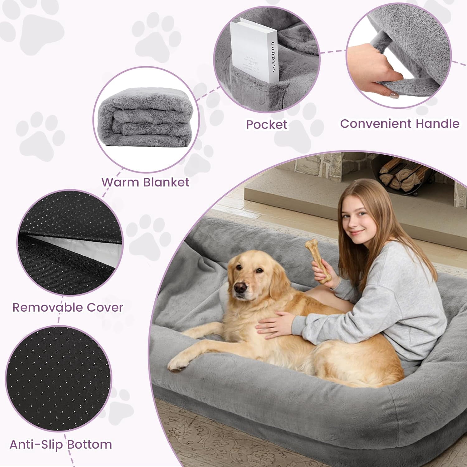 Murago 71"x43"x10" Human Dog Bed for Adults, Orthopedic Calming Lounger for People & Pets, Light Grey