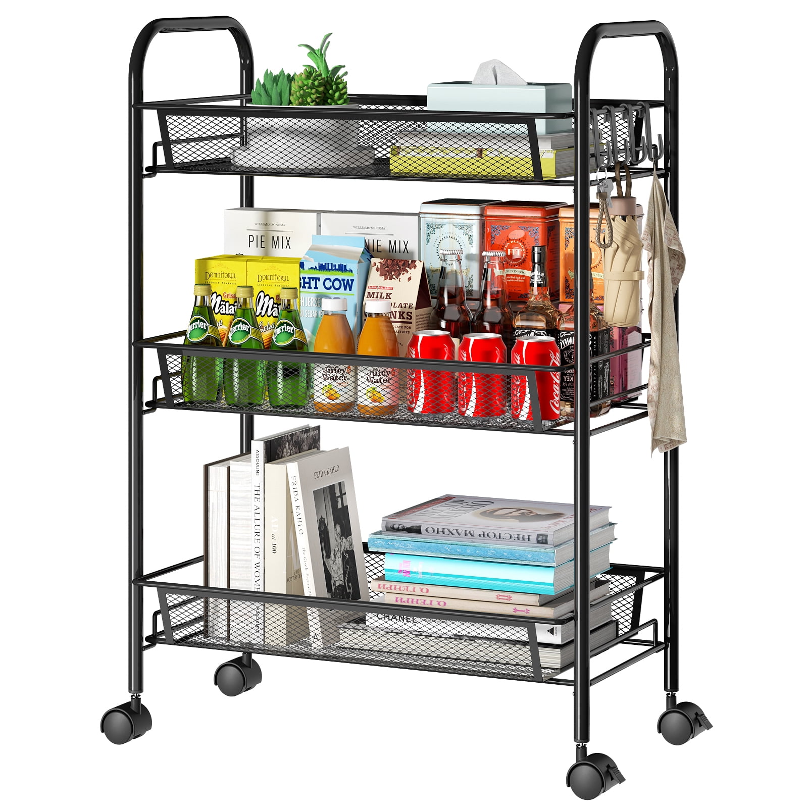 3-Tier Metal Slim Rolling Storage Cart, Bathroom Storage Organizer Rolling Utility/ Mobile Shelving Unit Slide Out Mesh Storage Cart for Office, Bathroom, Kitchen, Laundry Room & Narrow Places, Black