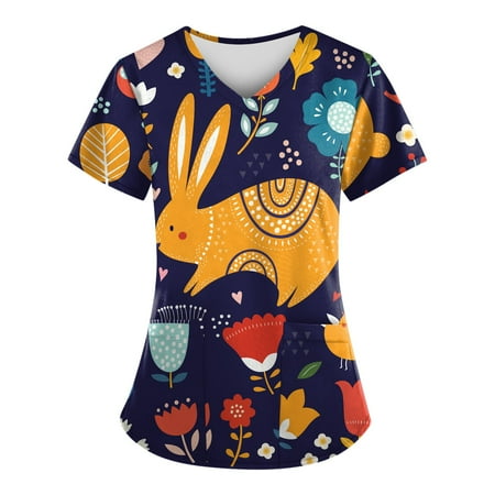 

XHJUN Womens Scrub Tops Stretchy Printed Cartoon Animal Working Uniform Tops Workwear Dark Blue XXXXXL