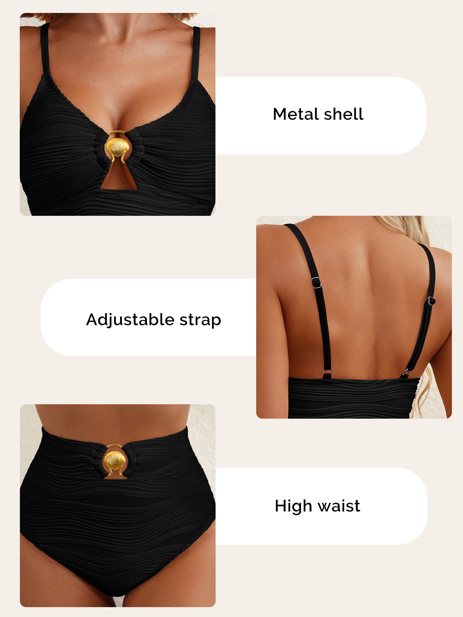 SHEWIN Swimsuit for Women 2 Piece Bathing Suits High Waist Bikini Sets Texture Swimming Suits Full Coverage Beach Essentials Black XL