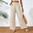 thumbnail image 2 of larppty Women Linen Pants Summer Wide Leg Pants Boho Elastic Waist Pant Flowy Beach Pant with Pockets（Beige， L）, 2 of 9
