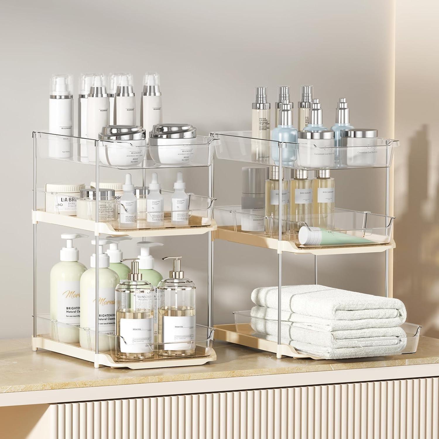 2 Pack 3-Tier Bathroom Under Sink Organizers and Storage, Multi-Purpose Stackable Pantry Organization and Storage, Pull Out Clear Kitchen Bathroom Cabinet Organizer with Movable Dividers, Beige