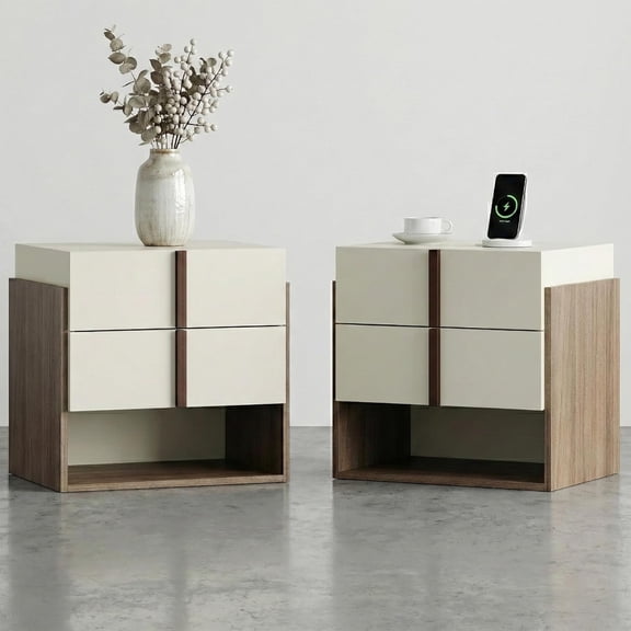 Modern Nightstand Set of 2 with Charging Station, 20" MCM Bedside Table with 2 Drawers & Open Storage Shelf, End Table with USB Ports and Power Outlets for Bedroom, Living Room, Cream White & Walnut