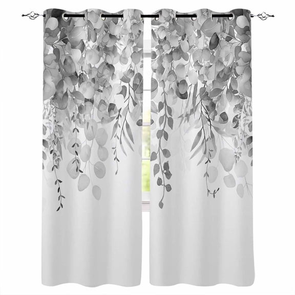 Blackout Curtains for Bedroom, Grey Botanical Room Darkening Window Drapes for Living Room, Weeping Eucalyptus Leaves Watercolor Thermal Insulated Grommet Curtains, 27.5x39 inch, 2 Panels