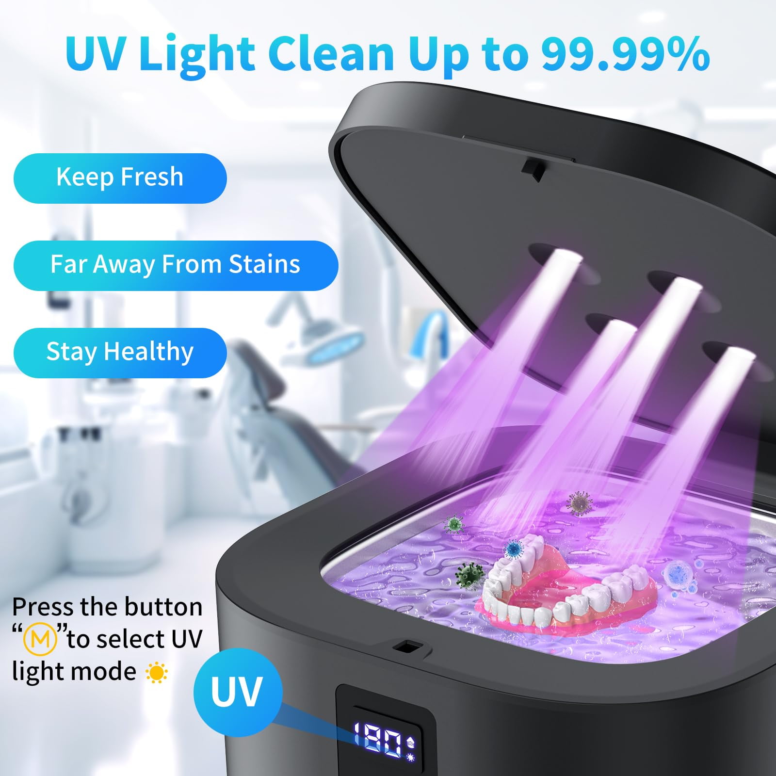 Prociv Ultrasonic Retainer Cleaner Machine 48kHz for Dentures, Mouth Guards, Braces, Toothbrush Heads, Jewelry, Ring with 300ML Capacity, 4 Modes Retainer Cleaning (Black)