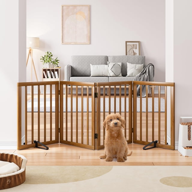 Semiocthome Barrière pour Animaux Pliable en Bambou, Barrières Autoportantes pour Chien pour Entrée, 4 Panneaux, Noyer