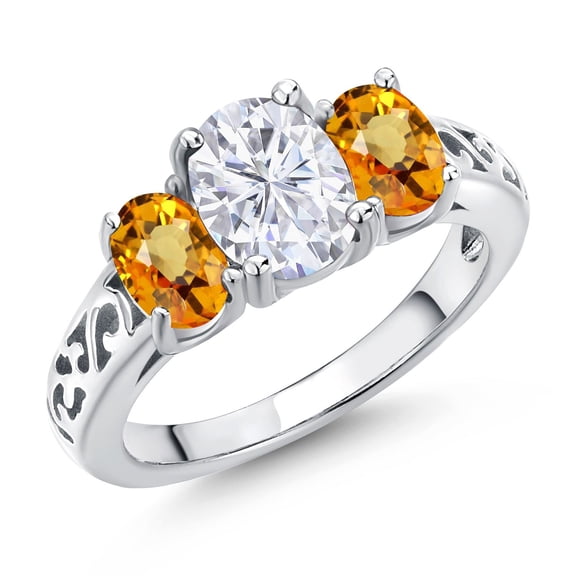 Gem Stone King 925 Sterling Silver White Moissanite and Yellow Sapphire Filigree Style 3 Stone Ring for Women (2.73 Cttw, Oval 8X6MM and 6X4MM) (Size 8)