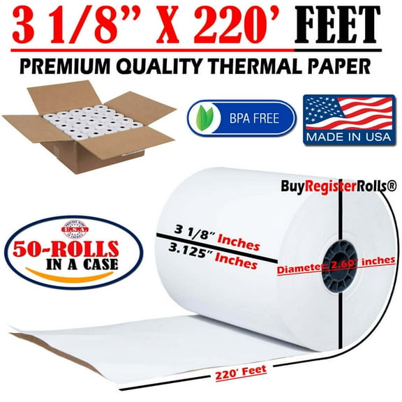 3 1/8" x 220' (50 Rolls) Thermal Paper Case POS, Cash Register (2.60" Diameter) - PRTN: 318220