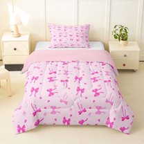 Feelyou Girly Pink Bow Twin Comforter Sets, Cartoon Bedding Set, 2pcs