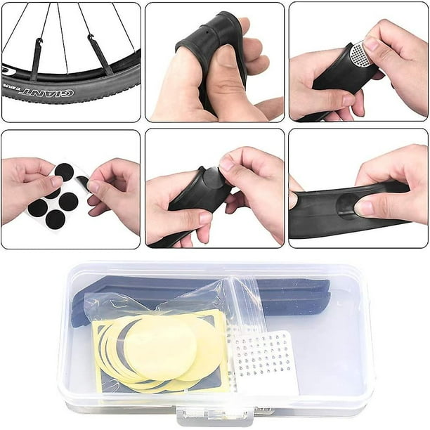Kit de reparación de bicicletas-24 parches de reparación de pinchazos sin pegamento, 4 escofinas de metal y 2 palancas de plástico para neumáticos para carretera/montaña