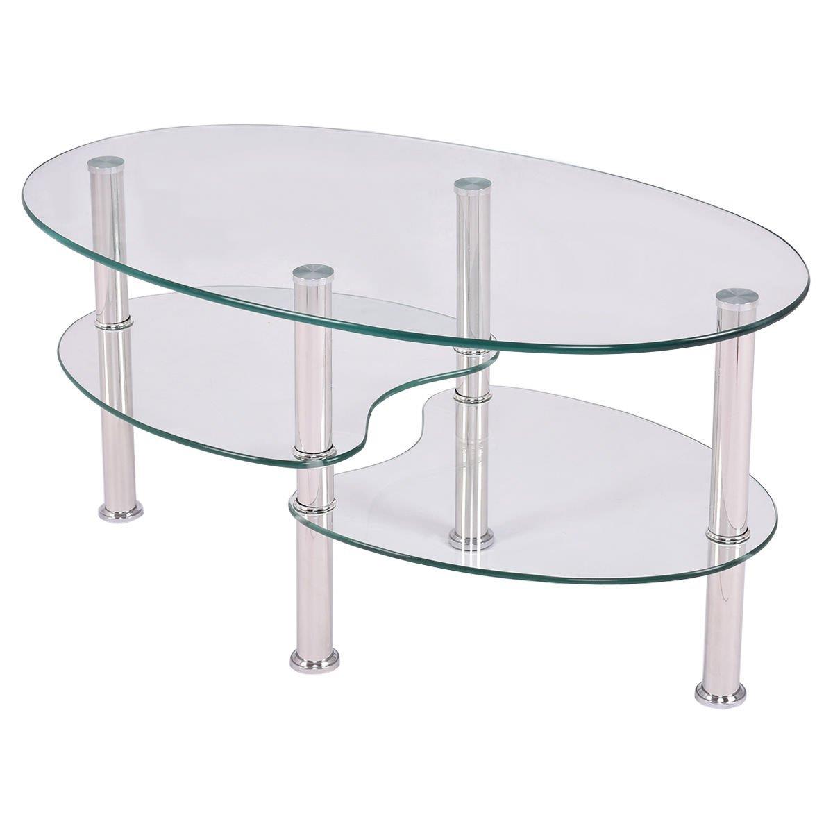 Ktaxon Clear Glass Oval Side Coffee Table Shelf Chrome Base Living Room ...