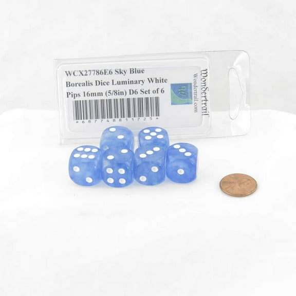 Sky Blue Borealis Dice Luminary with White Pips 16mm (5/8in) D6 Set of 6 Wondertrail