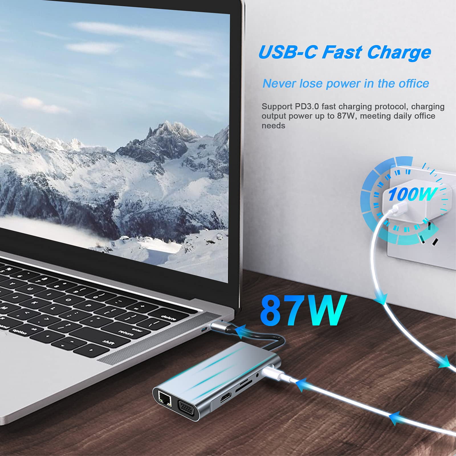 USB C HUB / Adapter 11 in 1 Dongle with 4K HD VGA Type C PD USB3.0 RJ45 Ethernet SD/TF Card Reader 3.5mm AUX Docking Station Compatible with MacBook Pro/Air Other Type C Laptops
