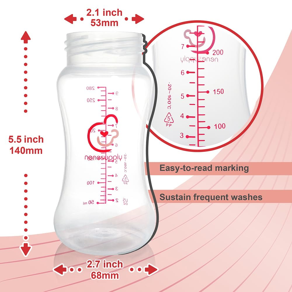 Nenesupply Storage Bottles Collection Bottles for Spectra S1 S2 Motif Luna Breast Pumps 4pc 9oz 280ml With Collar and Sealing Discs. Breastmilk Storage Replace Spectra Bottles Wide-Mouth Bottles