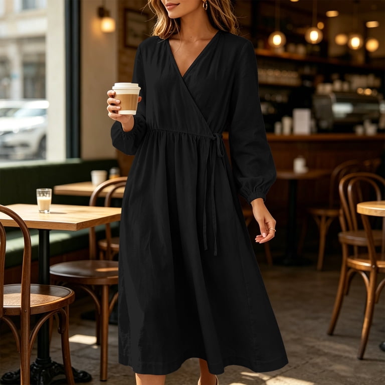 long sleeve tunic maxi dress Gakvbuo Maxi Dress For Women Long Sleeve Crew Neck Fall Tunic Dress Loose Long Dress Linen Dress With Pocket, Women's, Size: XL, Black