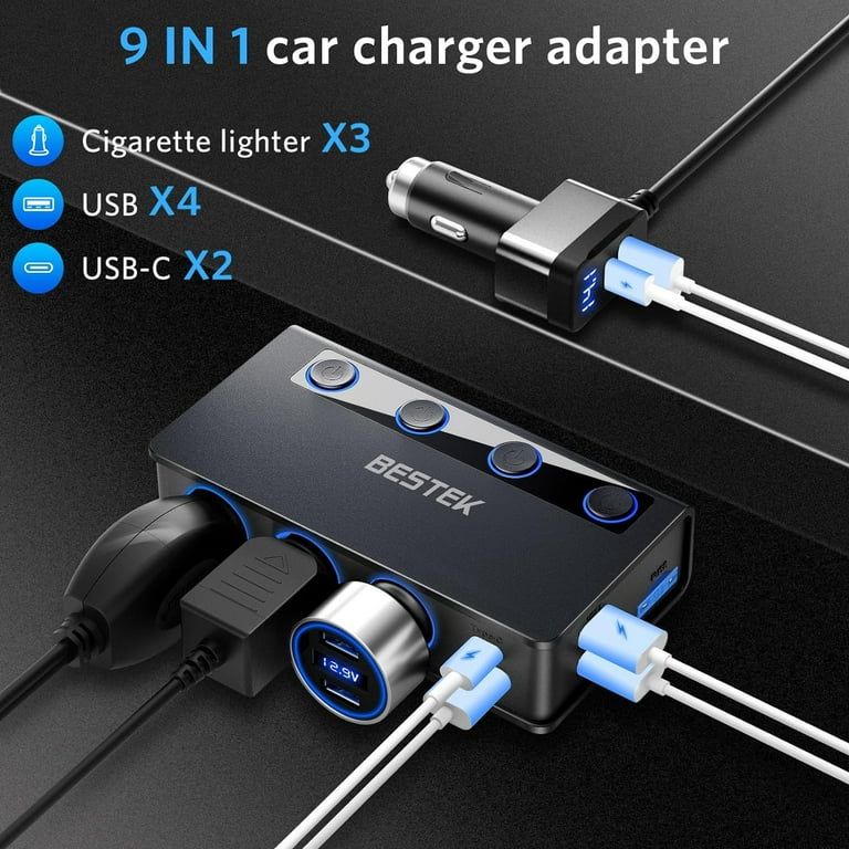 200W PD USB C Car Charger Adapter: 12V Cigarette Lighter Socket Splitter 12  Volt DC Plug Multi Way Auto Power Outlet with LED Voltmeter Switch Dual