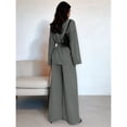 thumbnail image 6 of Women's Casual Lounge Two Piece Outfits Long Sleeve V Neck Wrap Tie Waist Shirt Wide Leg Pants Sets Gray S, 6 of 10