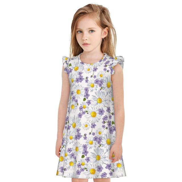 Fotbe Daisies Flowers Vestido de Dormir para Niñas de 3 a 10 Años, Mangas Cortas, Estilo Princesa, Pijama Camisón con Mangas Voladas-X-Large