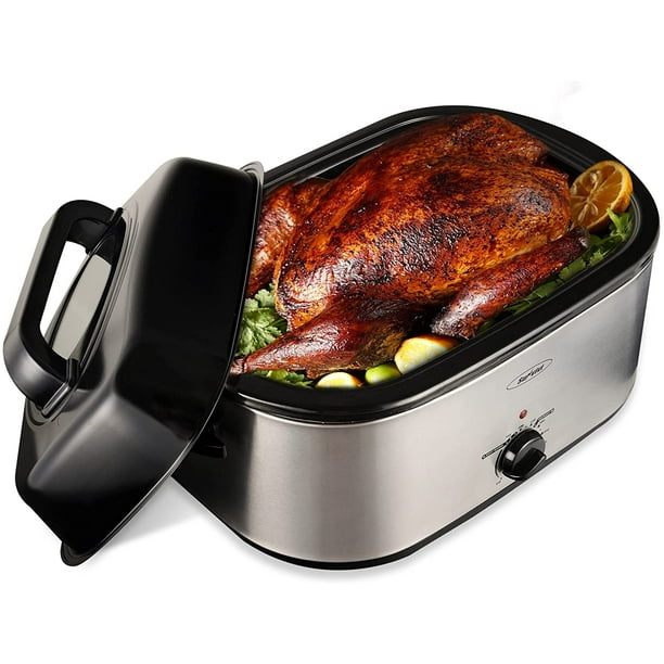 Sunvivi 24 Quart Electric Roaster Oven, Stainless Steel Turkey Roaster Oven Buffet with Self-Basting Lid Removable Pan, Silver