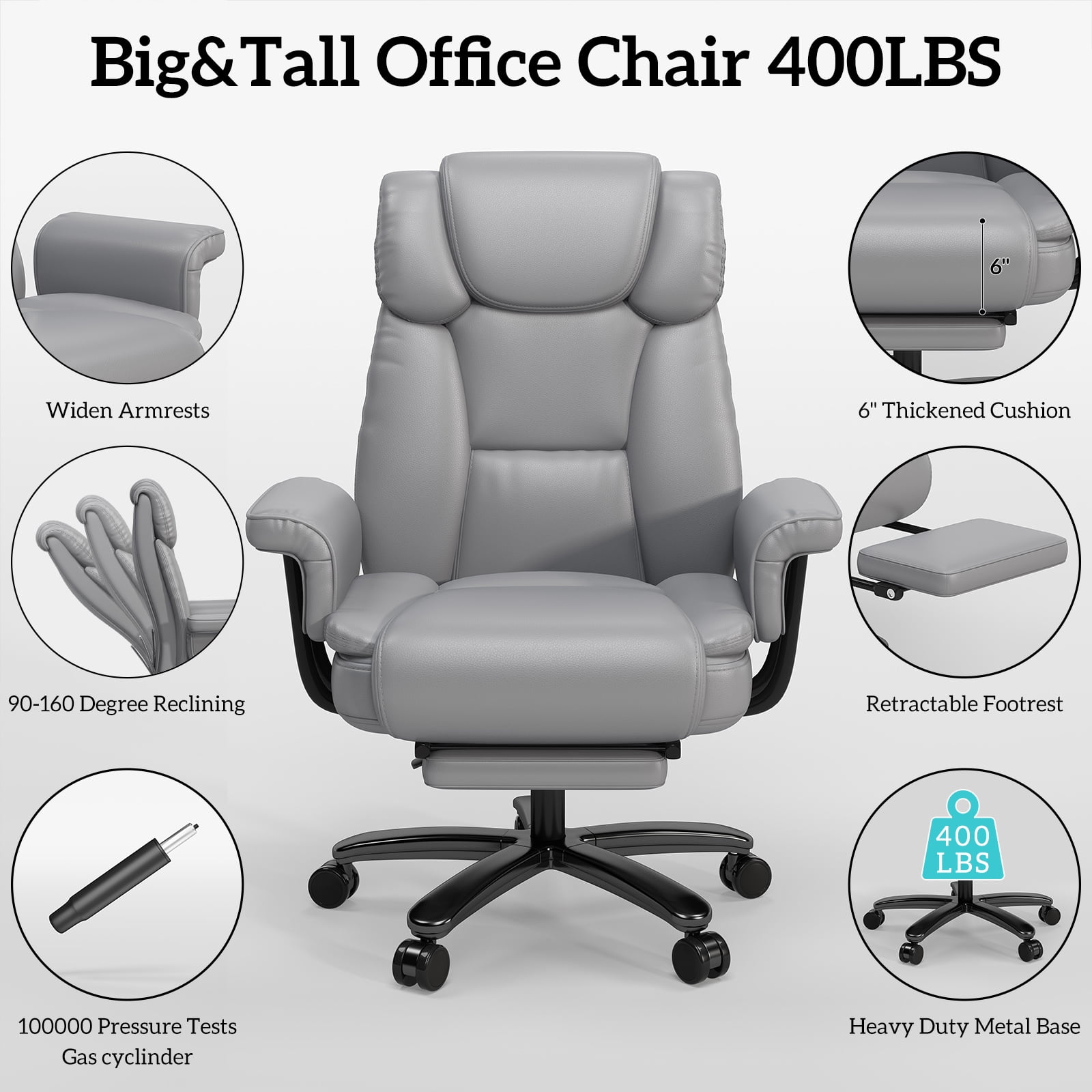 HomeZeer Big and Tall Office Chair with Footrest, 400 lbs Modern High Back Leather Office Chair, Reclining Wide Seat Ergonomic Executive Home Office Computer Desk Chair, Gray