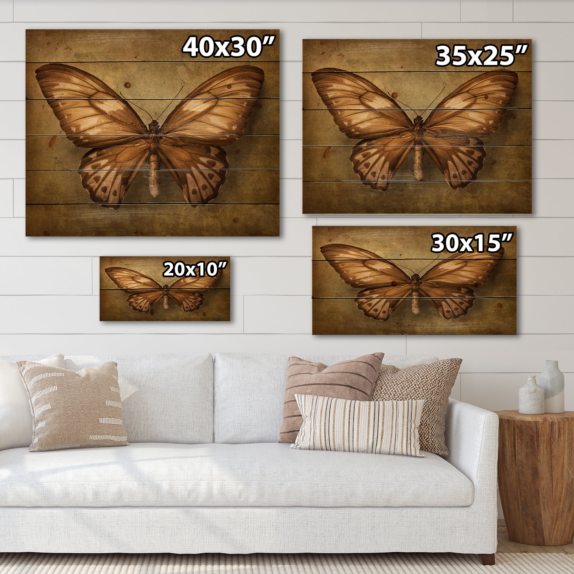 Designart 'Ancient Butterfly In Earth Tones' Vintage Print on Natural Pine Wood