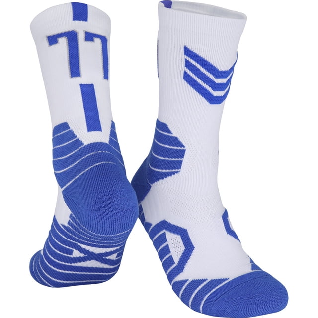 Professional Men's Basketball Socks Number Sports Socks Knee High Thickened Towel Bottom Cycling Running Fast-drying Breathable Adult Non-Slip Child Adult Socks for (33-38)Kids ( MK-77 White Blue